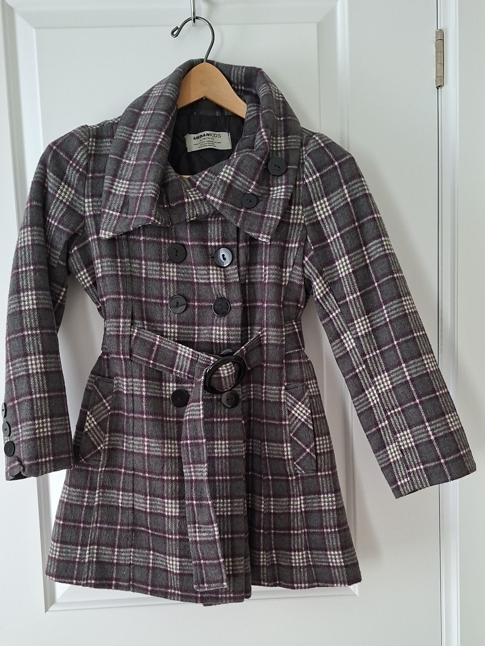 Urban Outfitters Kids Plaid Double-breasted Coat Belt Pockets Wool Polyester